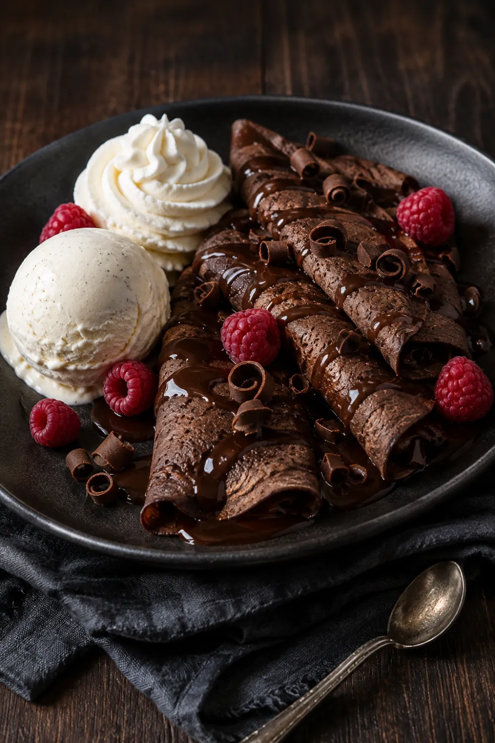7 Irresistible Secrets for the Best Chocolate Crepe Dessert with Ice Cream and Whipped Cream 6 Ingredients
For the Chocolate Crepes1 cup or 125 grams all-purpose flour¼ cup or 25 grams unsweetened cocoa powder2 tablespoons granulated sugar¼ teaspoon salt2 large eggs, at room temperature1¼ cups or 300 millilitres whole milk½ cup or 120 millilitres water2 tablespoons unsalted butter, melted and slightly cooled1 teaspoon vanilla extractAdditional butter or neutral oil for the panFor Serving6 generous scoops vanilla, chocolate or strawberry ice cream1 cup lightly sweetened whipped cream⅓ cup warm chocolate sauce or chocolate ganacheFresh strawberries, raspberries or sliced bananas, optionalChocolate shavings, toasted hazelnuts or crushed cookies, optional
