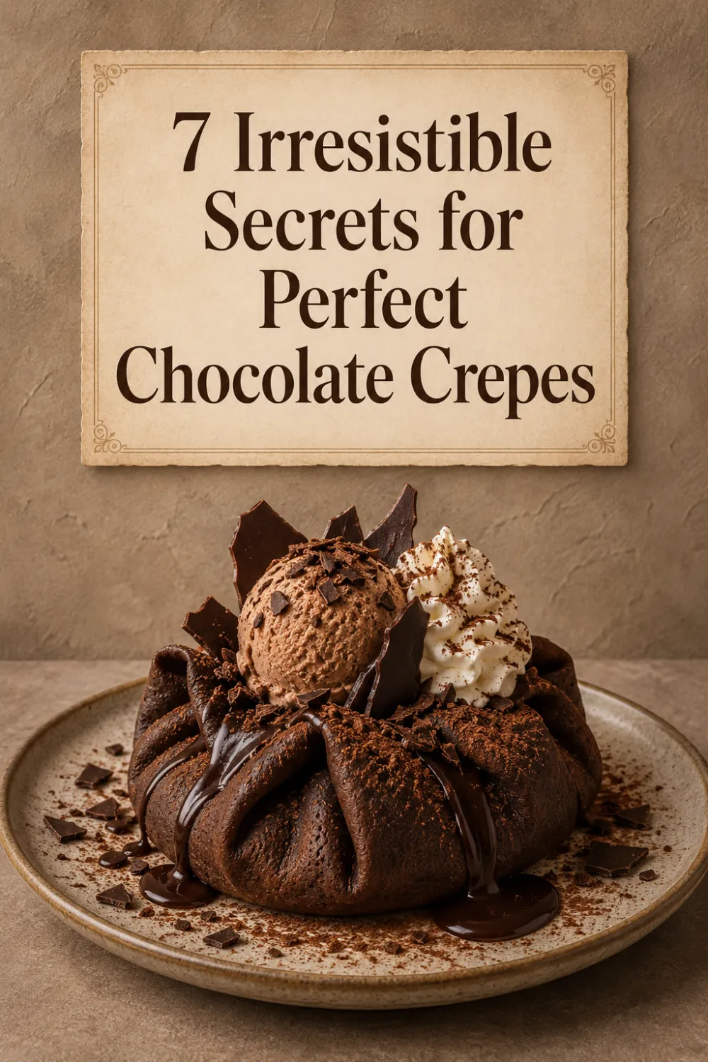 7 Irresistible Secrets for the Best Chocolate Crepe Dessert with Ice Cream and Whipped Cream 4 Ingredients
For the Chocolate Crepes1 cup or 125 grams all-purpose flour¼ cup or 25 grams unsweetened cocoa powder2 tablespoons granulated sugar¼ teaspoon salt2 large eggs, at room temperature1¼ cups or 300 millilitres whole milk½ cup or 120 millilitres water2 tablespoons unsalted butter, melted and slightly cooled1 teaspoon vanilla extractAdditional butter or neutral oil for the panFor Serving6 generous scoops vanilla, chocolate or strawberry ice cream1 cup lightly sweetened whipped cream⅓ cup warm chocolate sauce or chocolate ganacheFresh strawberries, raspberries or sliced bananas, optionalChocolate shavings, toasted hazelnuts or crushed cookies, optional