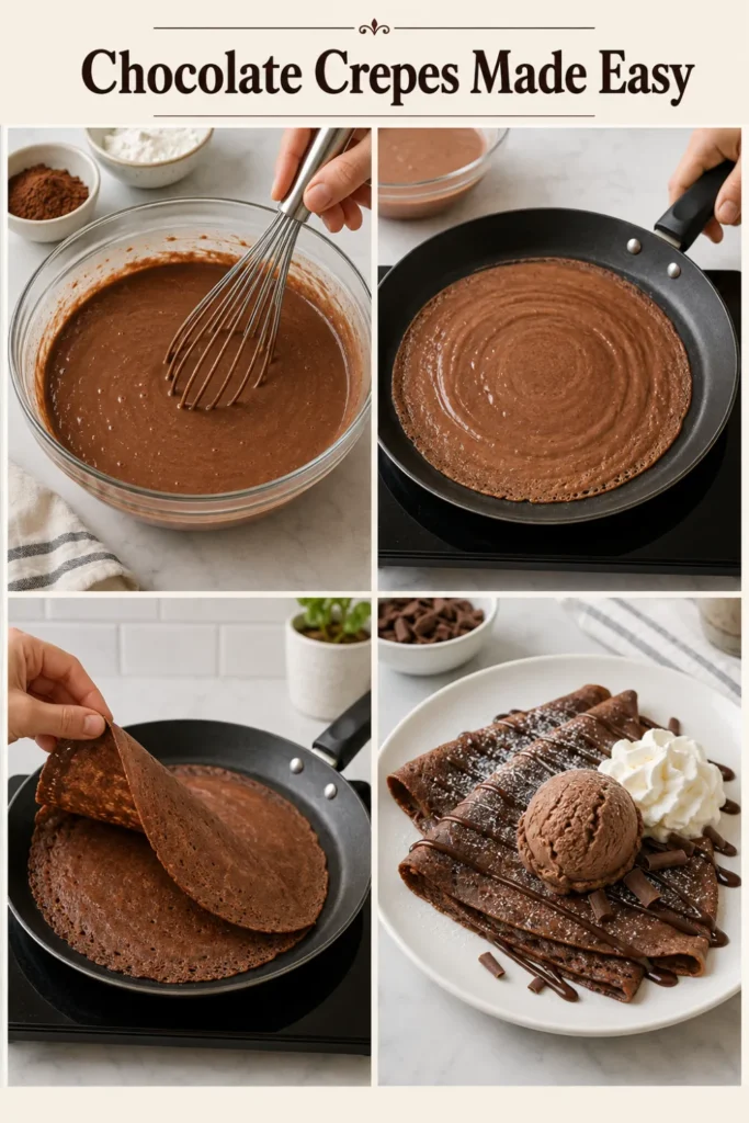 7 Irresistible Secrets for the Best Chocolate Crepe Dessert with Ice Cream and Whipped Cream 3 Ingredients For the Chocolate Crepes 1 cup or 125 grams all-purpose flour ¼ cup or 25 grams unsweetened cocoa powder 2 tablespoons granulated sugar ¼ teaspoon salt 2 large eggs, at room temperature 1¼ cups or 300 millilitres whole milk ½ cup or 120 millilitres water 2 tablespoons unsalted butter, melted and slightly cooled 1 teaspoon vanilla extract Additional butter or neutral oil for the pan For Serving 6 generous scoops vanilla, chocolate or strawberry ice cream 1 cup lightly sweetened whipped cream ⅓ cup warm chocolate sauce or chocolate ganache Fresh strawberries, raspberries or sliced bananas, optional Chocolate shavings, toasted hazelnuts or crushed cookies, optional
