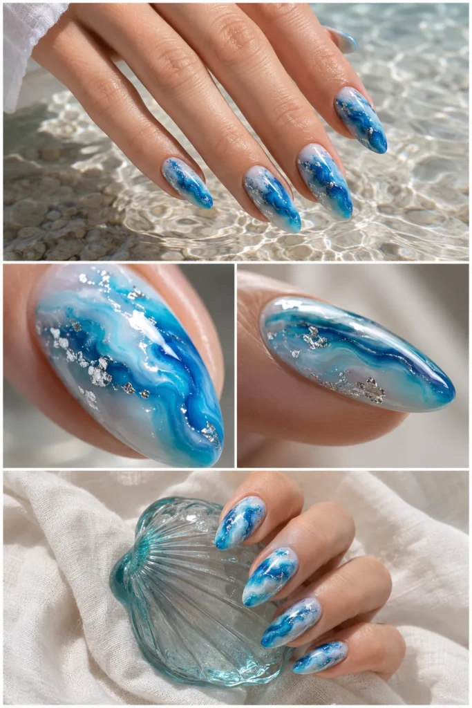 Elegant Blue Marble Nail Art Design: 7 Stunning Ideas for Trendy Almond Nails 5 Blue Marble Nail Art Design