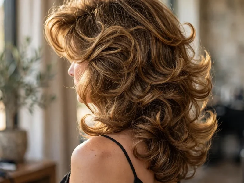 Woman with voluminous wavy brown hair in a glossy blowout, back view — 90s hairstyles