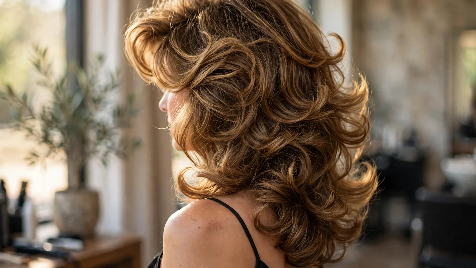 Woman with voluminous wavy brown hair in a glossy blowout, back view — 90s hairstyles
