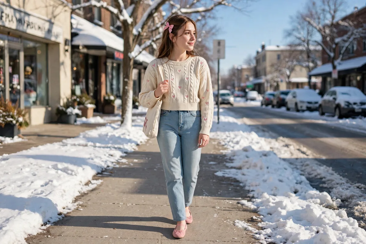 Cute Winter Outfits: 16 Cozy-Cute Looks for 2026 16 Cream heart-embroidered sweater with light-wash jeans, pink ballet flats and bow hair clip