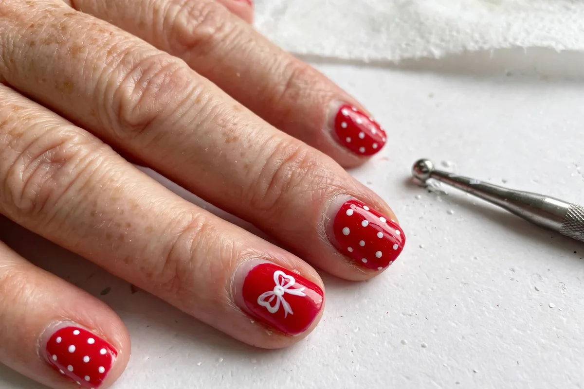 DIY Minnie Mouse bow polka dot Disney nails tutorial close-up