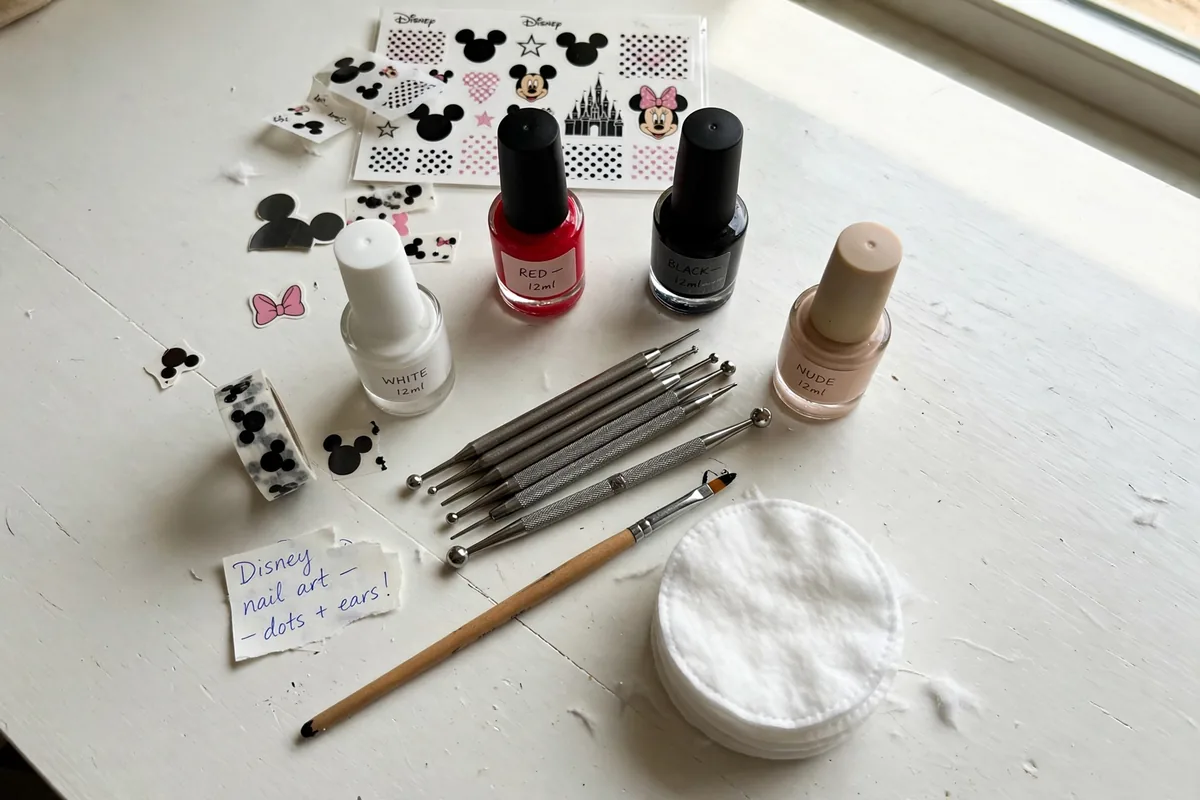 Nail art supplies for DIY Disney nails including dotting tools and red black and white polishes