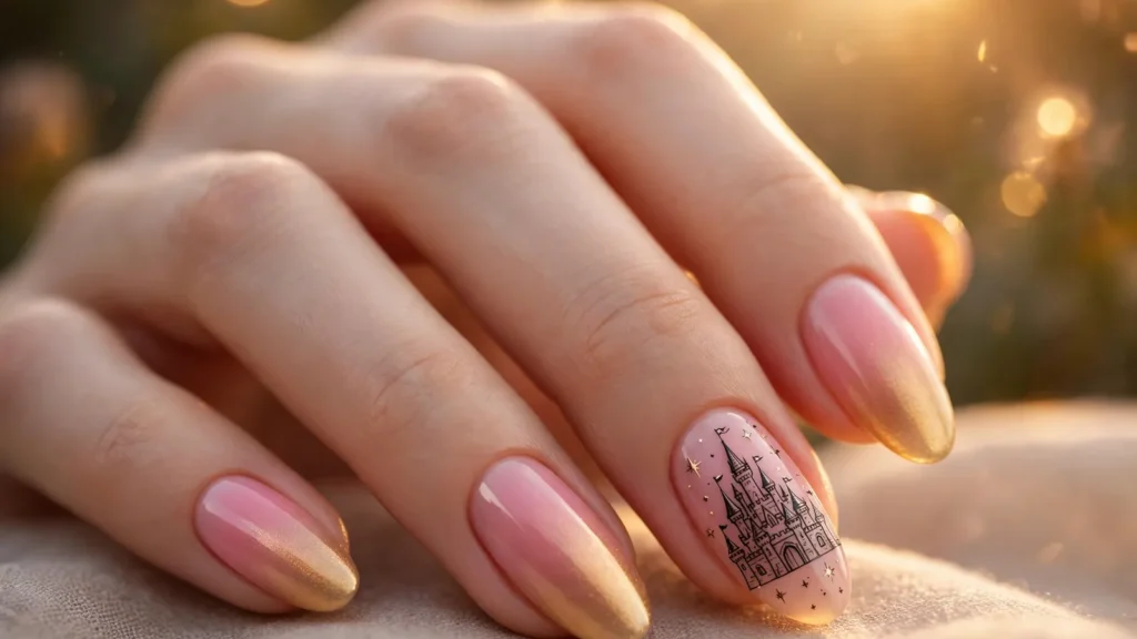 Disney castle silhouette nail art macro, pink gold sunset gradient on elegant hand