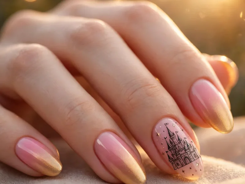 Disney castle silhouette nail art macro, pink gold sunset gradient on elegant hand