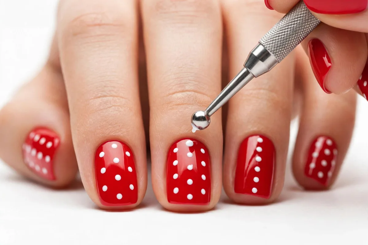 Dotting tool adding evenly spaced white polka dots on red nails