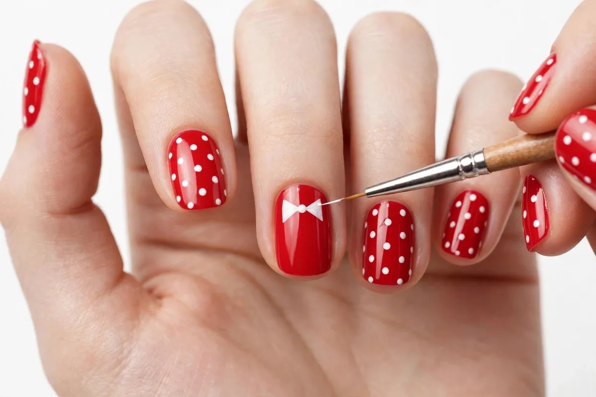 Thin brush painting a tiny white bow on the red ring fingernail