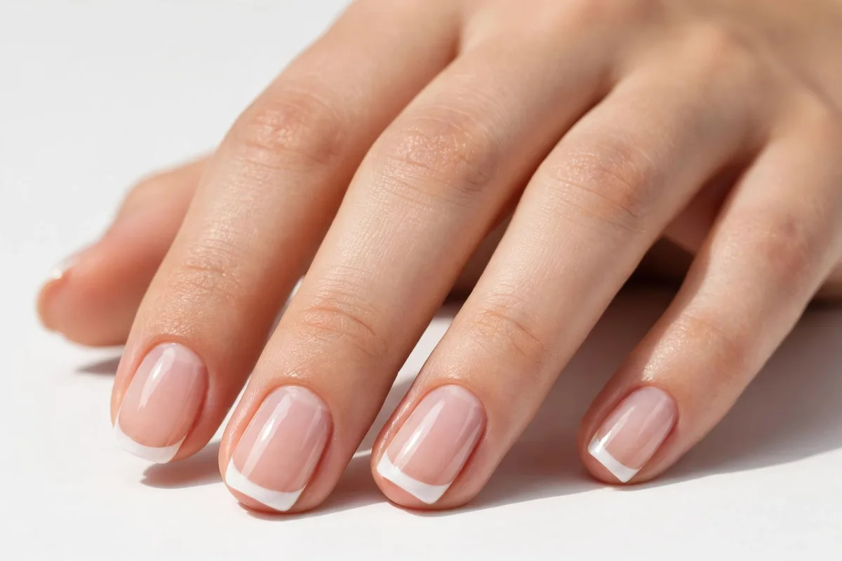 Classic French manicure with nude base and crisp white tips