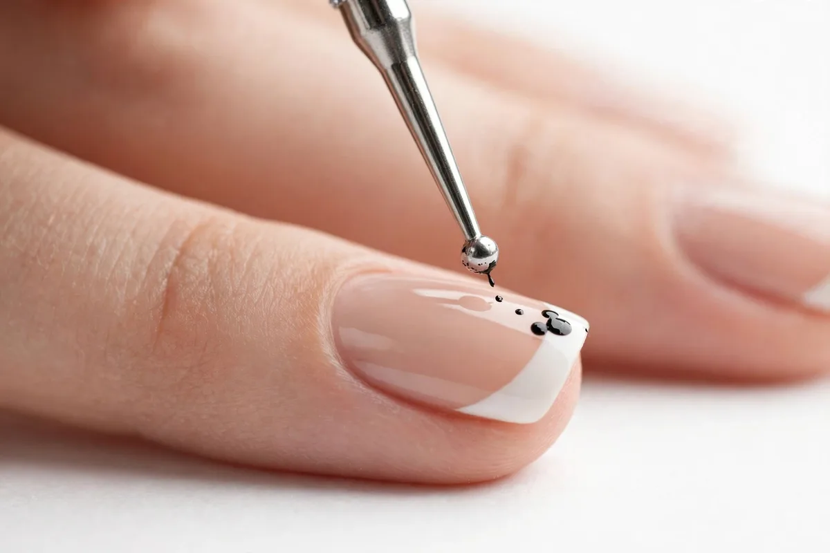 Dotting tool placing a tiny Mickey head at the corner of a French tip