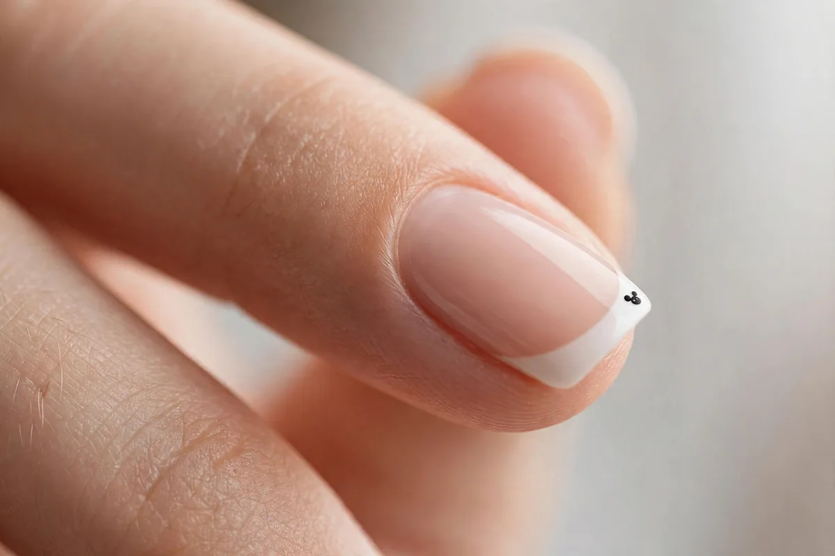 Tiny hidden mouse head accent at the corner of a French tip on Disney nails