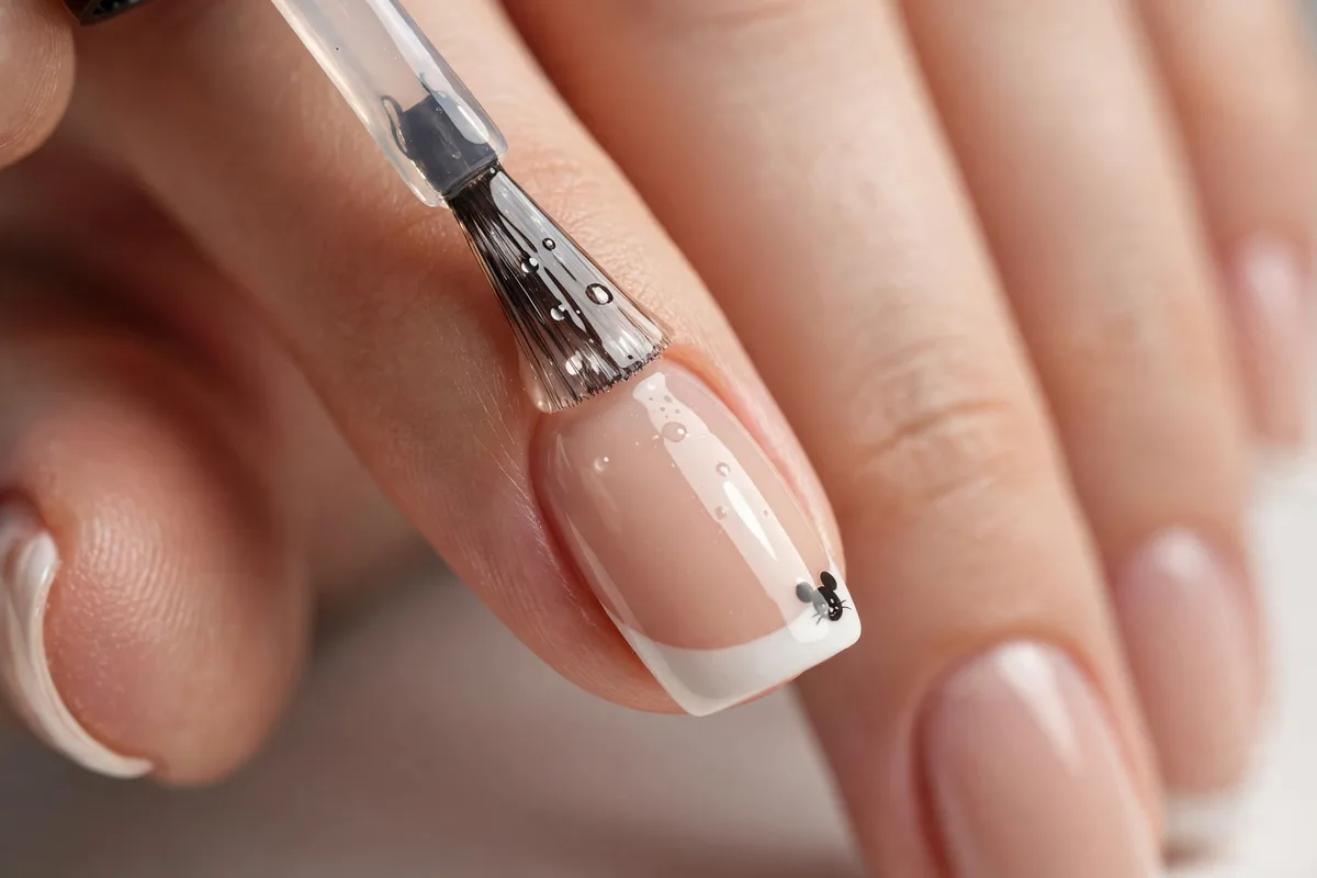 Applying top coat over a French manicure with a tiny hidden mouse accent for Disney nails