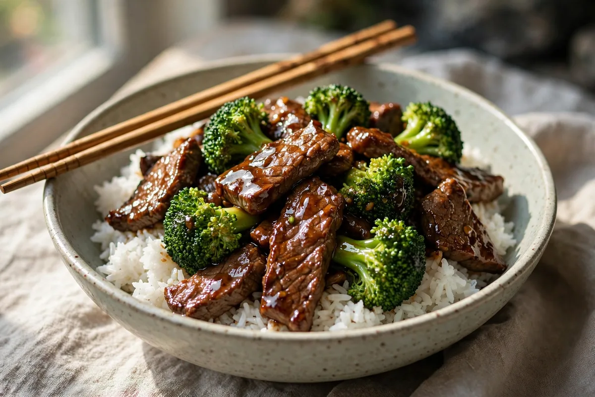Beef and broccoli stir-fry over rice, two servings