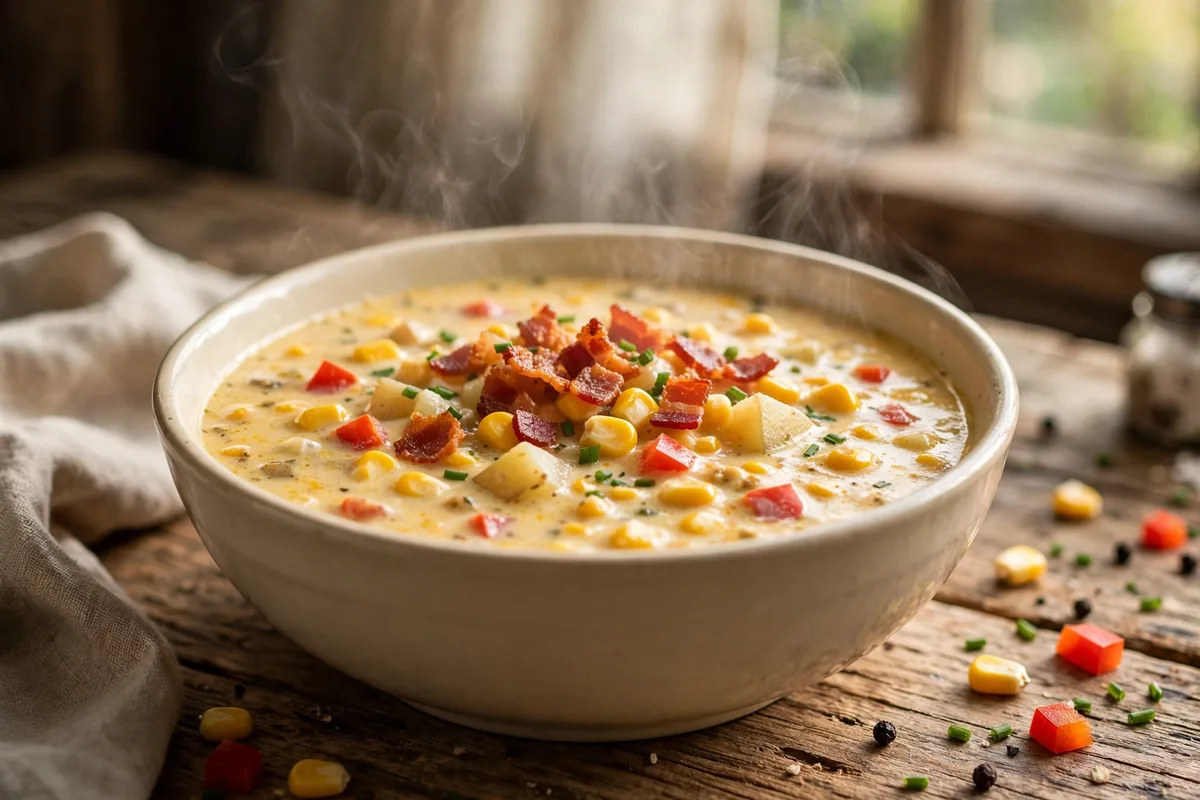Easy Soup Recipes: 12 Ready in 30 Minutes 12 Sweet corn chowder with crispy bacon bits and chives