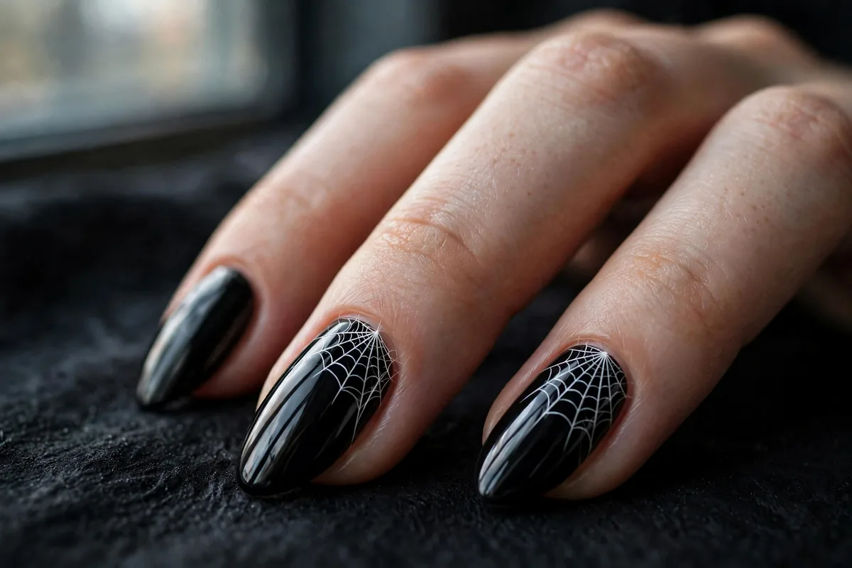 Halloween Almond Nails: The Shape-First Guide (18 Designs) 5 Black almond nails with a white corner spiderweb radiating toward the tip
