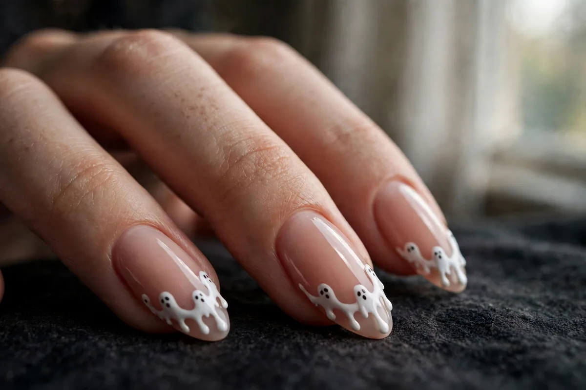 Halloween Almond Nails: The Shape-First Guide (18 Designs) 7 Ghost French tips on almond nails with wavy white hems and black dot eyes