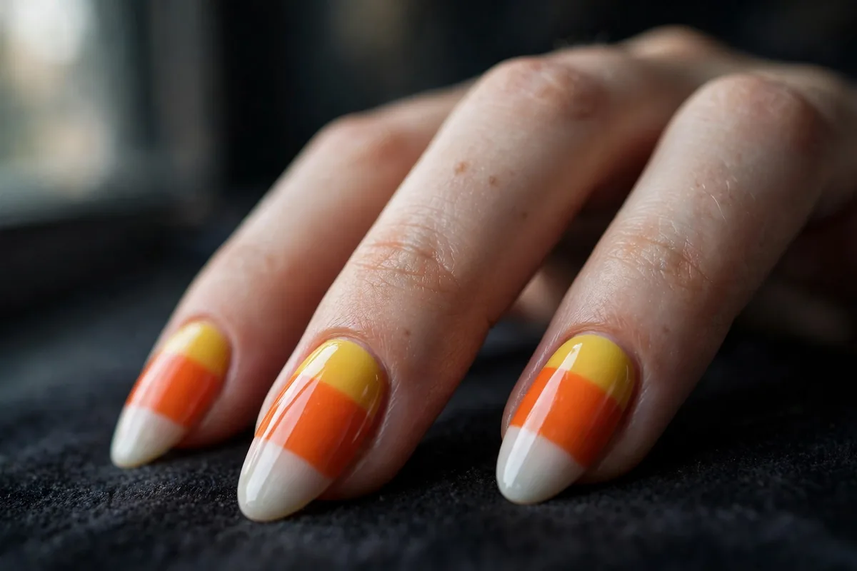 Halloween Almond Nails: The Shape-First Guide (18 Designs) 8 Candy corn gradient nail art in white, orange, and yellow bands on almond nails