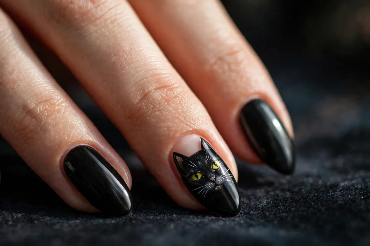 Halloween Almond Nails: The Shape-First Guide (18 Designs) 9 Black cat faces with yellow slit eyes and whiskers on glossy black almond nails