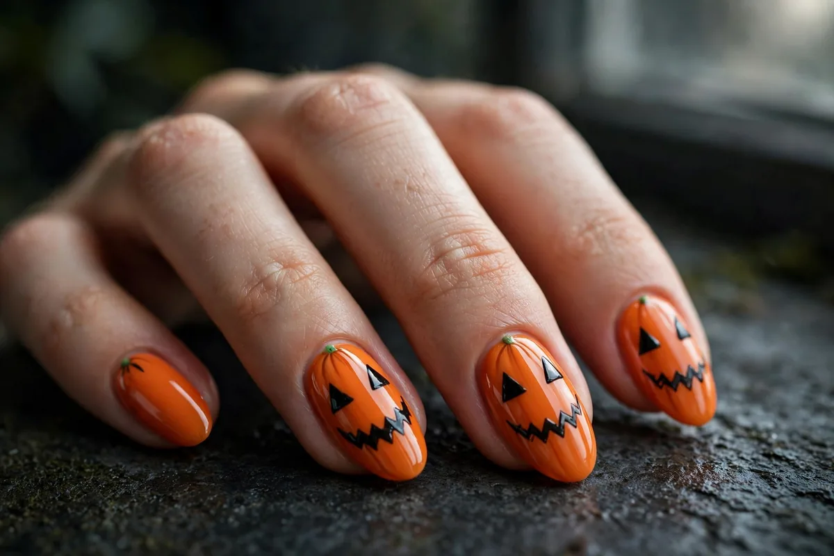Halloween Almond Nails: The Shape-First Guide (18 Designs) 10 Pumpkin jack-o-lantern faces with black grins and green stems on orange almond nails
