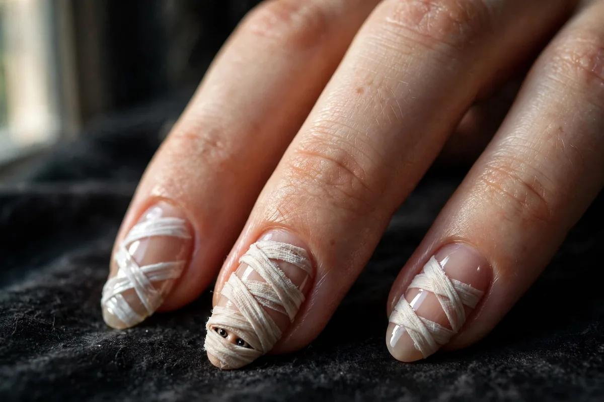 Halloween Almond Nails: The Shape-First Guide (18 Designs) 11 Mummy wrap nail art with white bandage strokes and tiny eyes on almond nails
