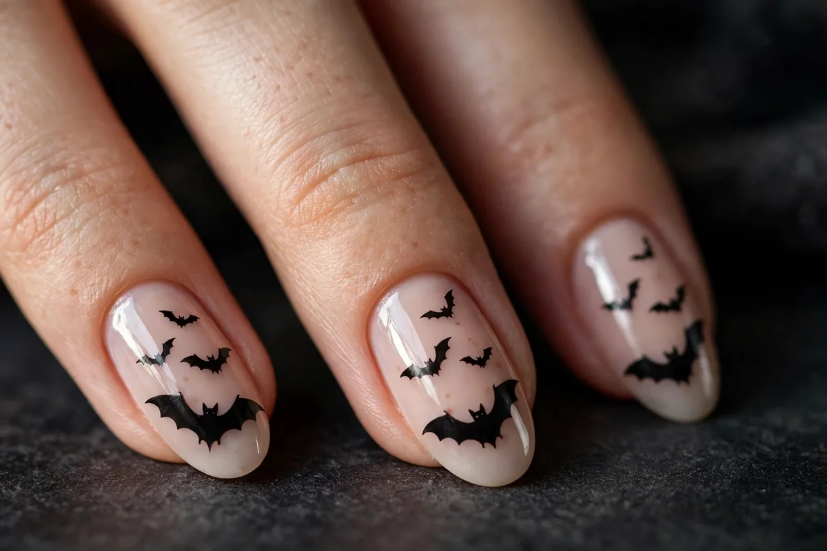 Halloween Almond Nails: The Shape-First Guide (18 Designs) 12 Flying black bat silhouettes scattered over milky nude almond nails