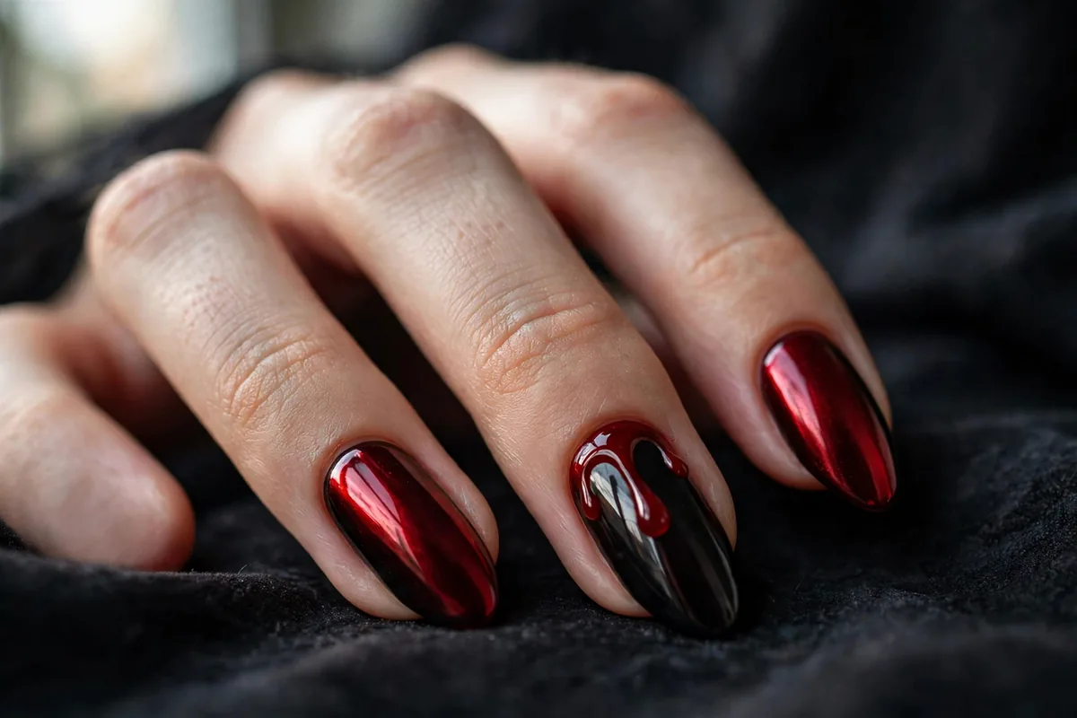 Halloween Almond Nails: The Shape-First Guide (18 Designs) 13 Blood-red mirror chrome almond nails with a crimson drip at the cuticle