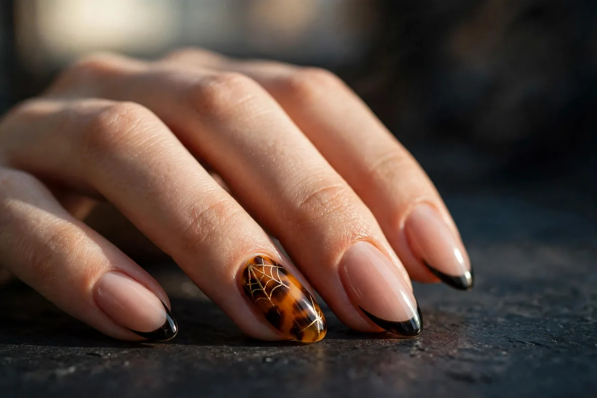 Halloween Almond Nails: The Shape-First Guide (18 Designs) 14 Tortoiseshell almond nails with fine gold spiderweb lines and nude nails with black French tips