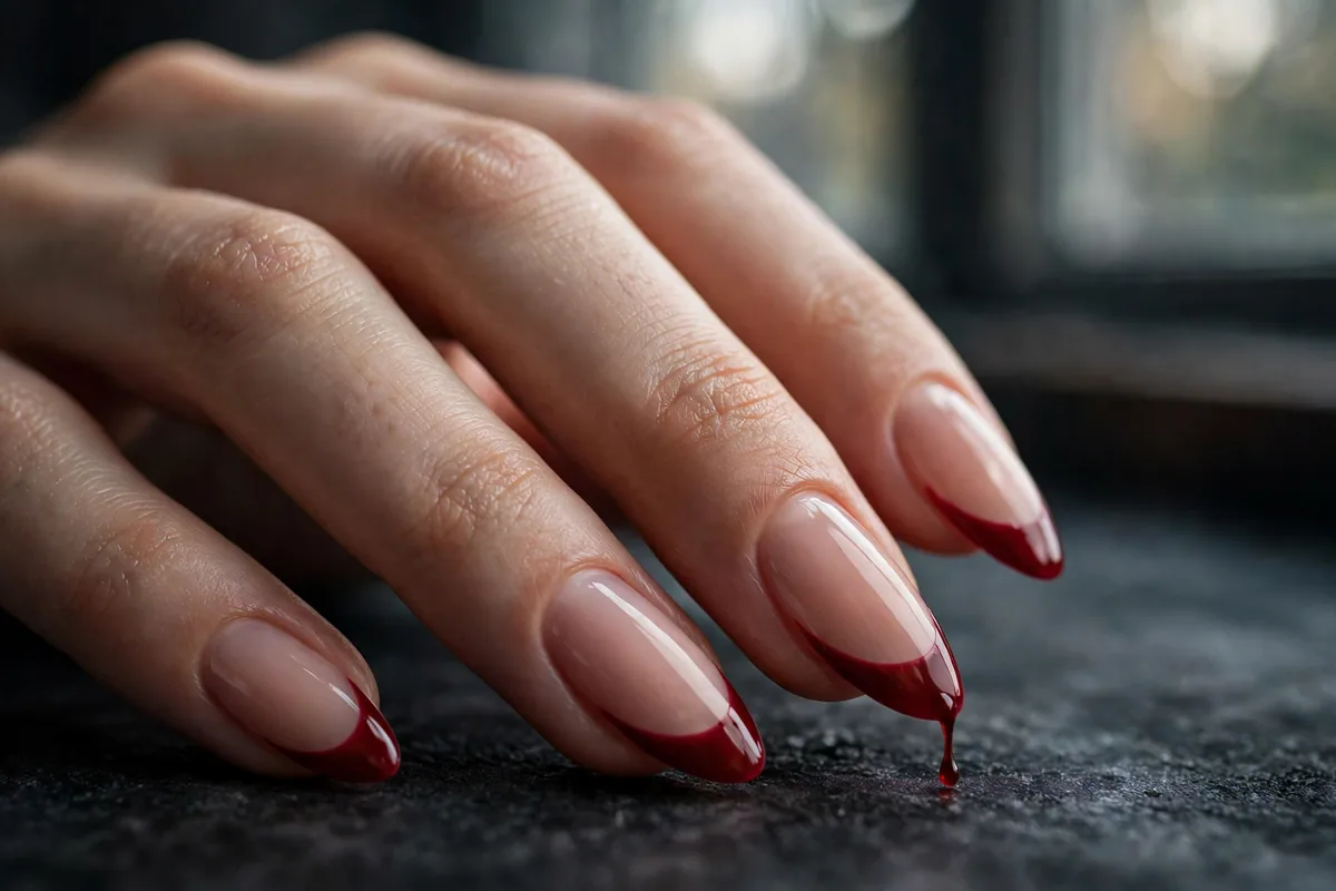 Halloween Almond Nails: The Shape-First Guide (18 Designs) 15 Bloody French manicure with deep red tips and a dark red drip on nude almond nails
