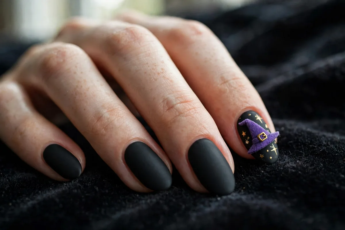 Halloween Almond Nails: The Shape-First Guide (18 Designs) 17 Purple witch hat with gold buckle tilted across matte black almond nails