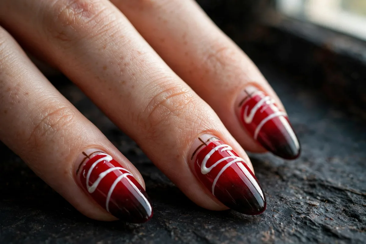 Halloween Almond Nails: The Shape-First Guide (18 Designs) 18 Candy apple red almond nails with dipped gradient tip, stick line, and drizzle swirls