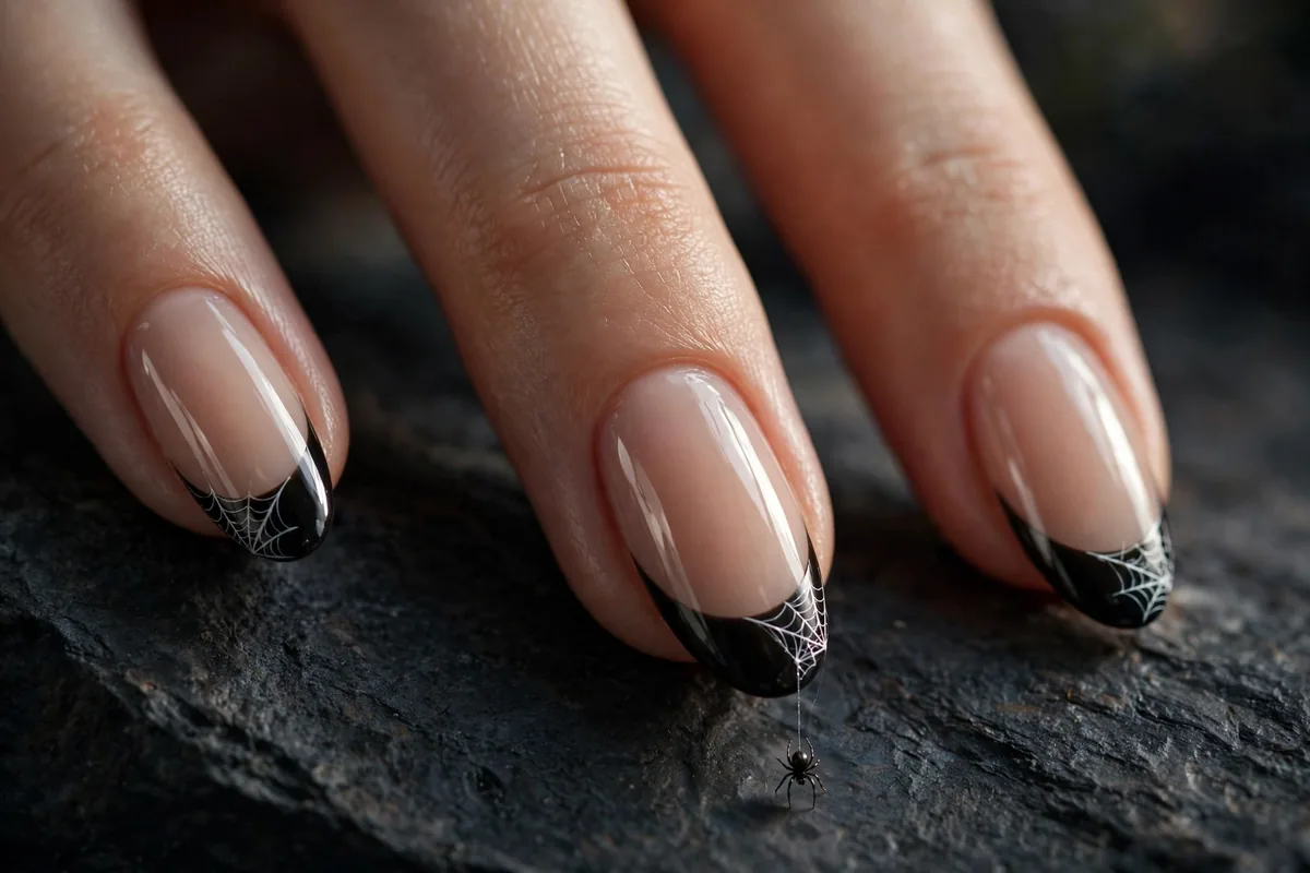 Halloween Almond Nails: The Shape-First Guide (18 Designs) 19 Cobweb French nails with white spiderwebs on black tips and a dangling spider accent