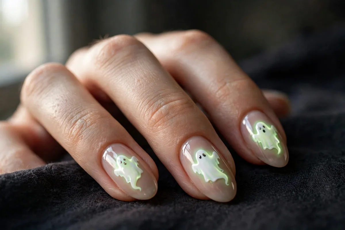 Halloween Almond Nails: The Shape-First Guide (18 Designs) 20 Glowing ghost nail art in luminous white-green pigment on nude almond nails