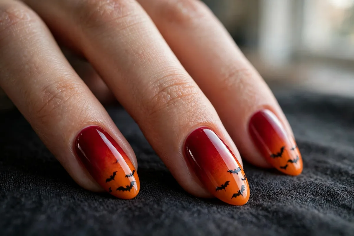 Halloween Almond Nails: The Shape-First Guide (18 Designs) 21 Blood-orange ombre nail art fading from deep red to pumpkin orange on almond nails with bat silhouettes