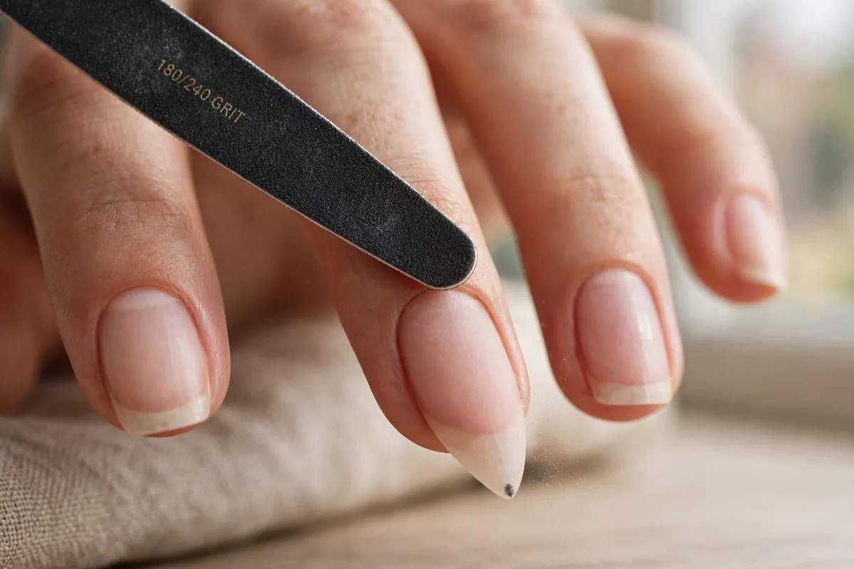Halloween Almond Nails: The Shape-First Guide (18 Designs) 3 Filing a nail sidewall in one direction toward the center dot to form a pointed triangle shape