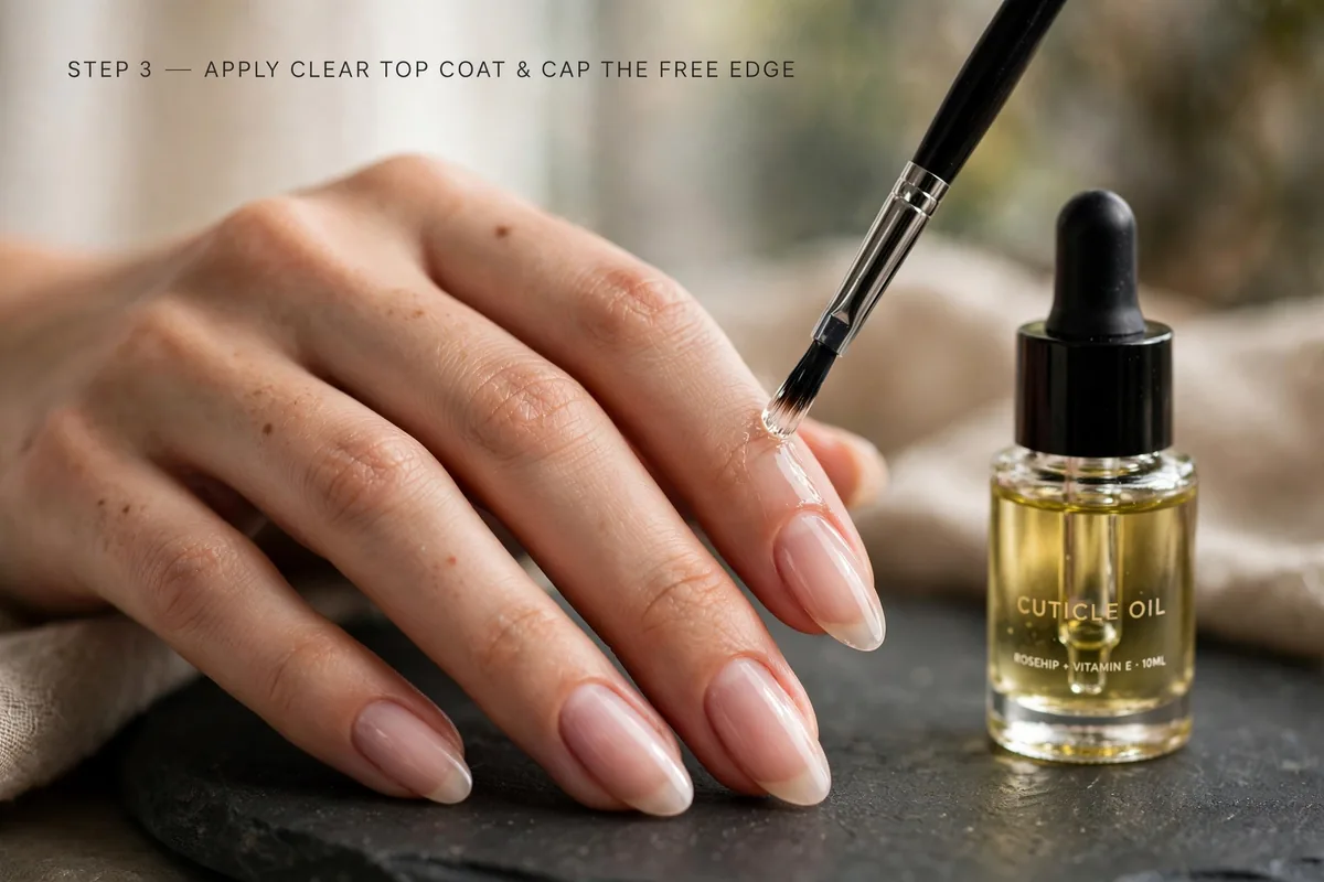 Halloween Almond Nails: The Shape-First Guide (18 Designs) 4 Finished smooth almond nails with clear top coat capping the free edge and cuticle oil nearby
