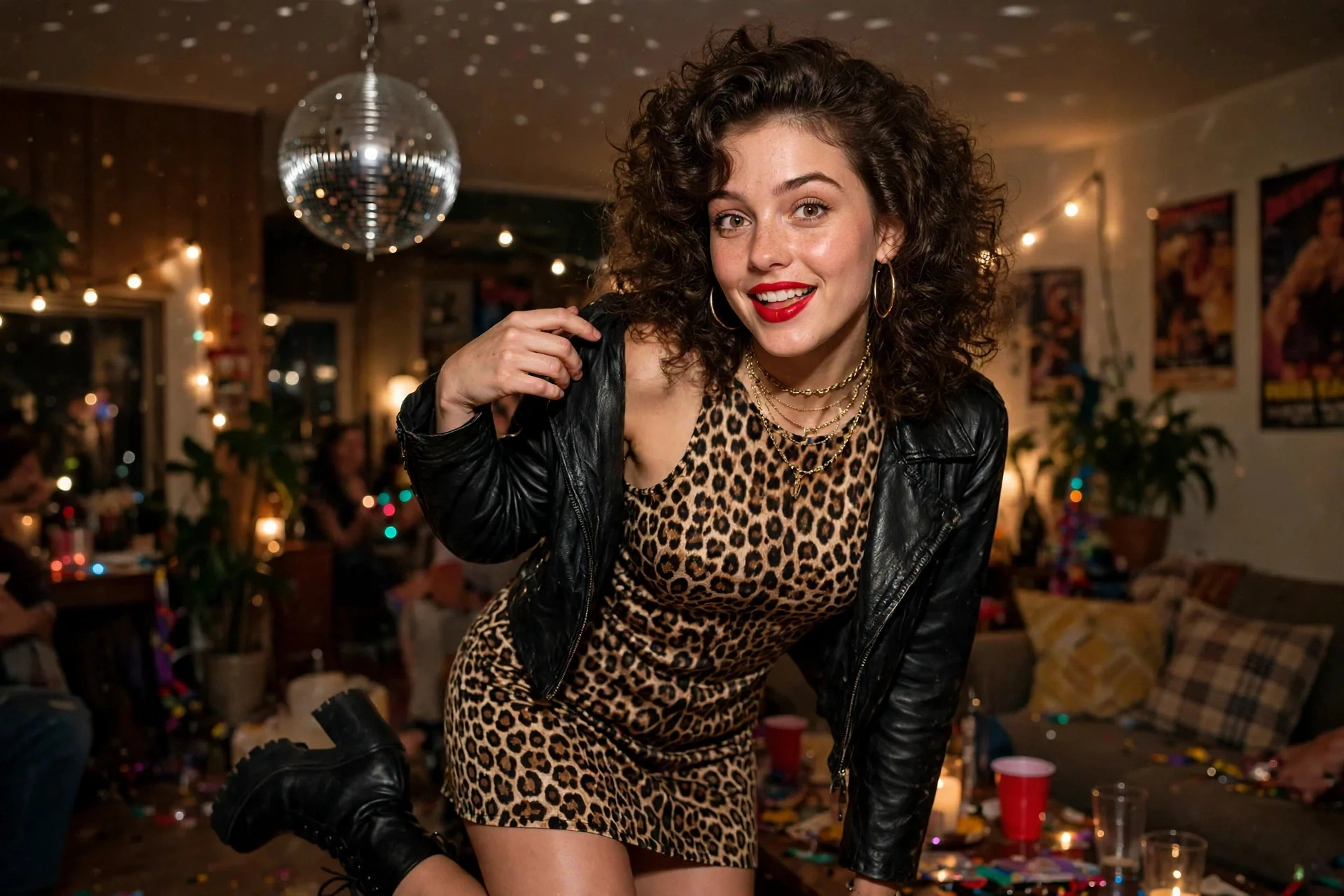 90s Party Outfit Ideas: 12 Fun DIY Costumes for a Throwback Night 11 Woman in a leopard print dress with modest neckline, leather jacket and gold jewelry — 90s party outfit ideas