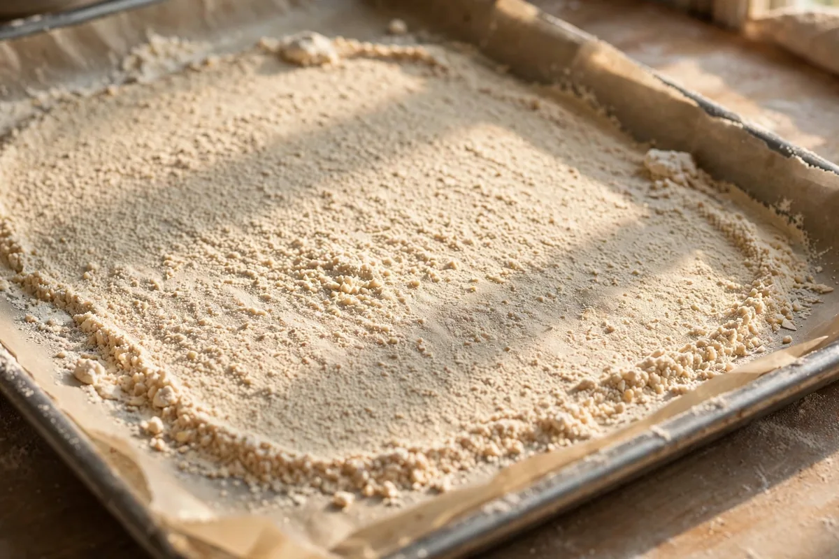 Oat flour spread in a thin layer on a parchment-lined baking sheet before heat-treating