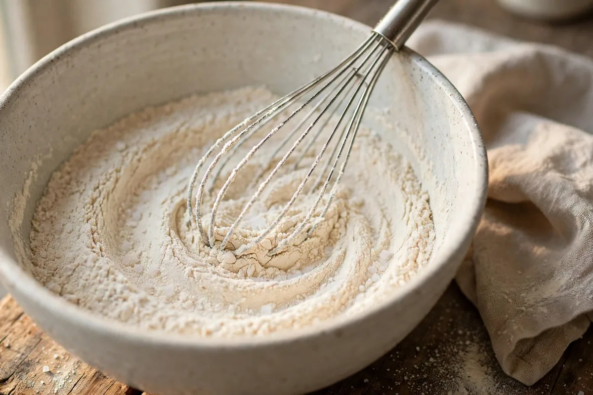 Whisking oat flour, protein powder and salt together in a mixing bowl