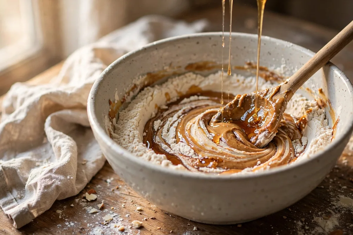Almond butter, maple syrup and vanilla being stirred into the dry dough mixture