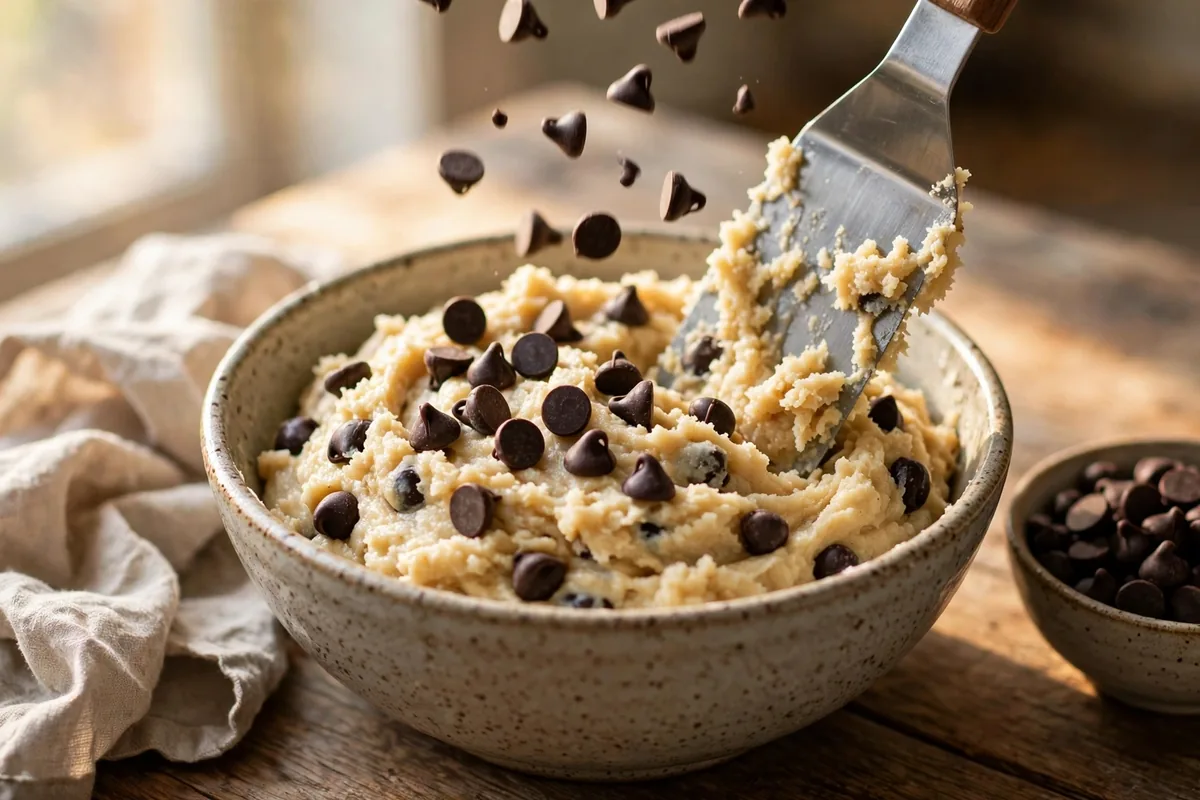 Folding mini dark chocolate chips into the dough with a spatula