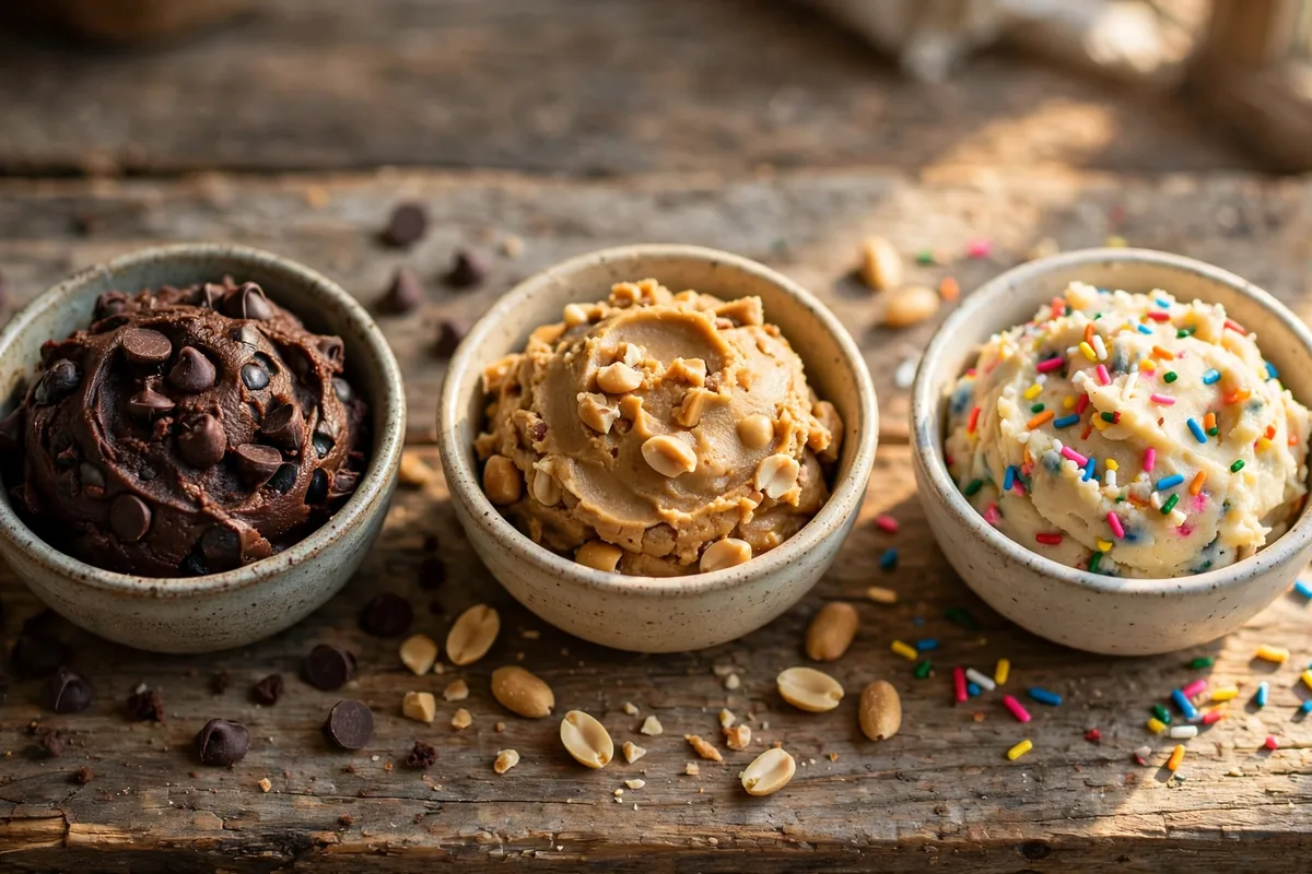 Three bowls of cookie dough in different flavors: double chocolate, peanut butter and birthday cake