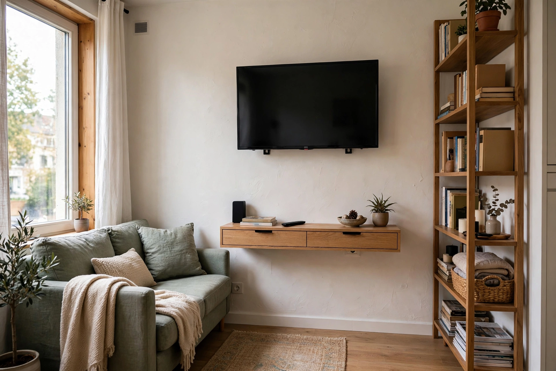 Small living room ideas with TV — wall-mounted TV using vertical space