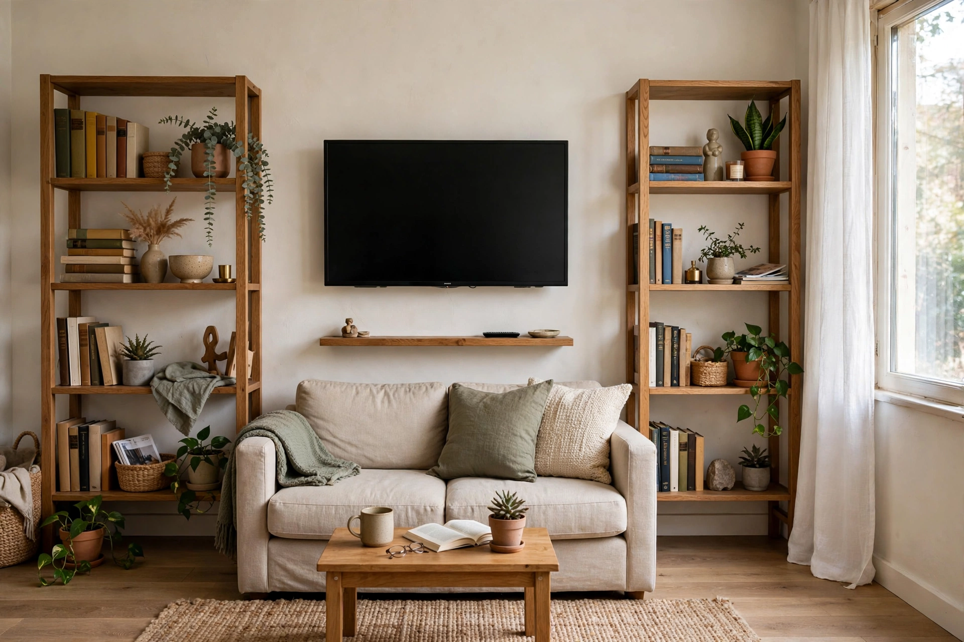 Small living room ideas with TV and open shelving