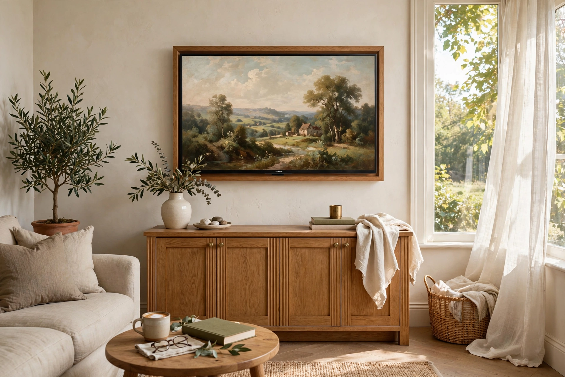 Small living room ideas with TV hidden in plain sight as art