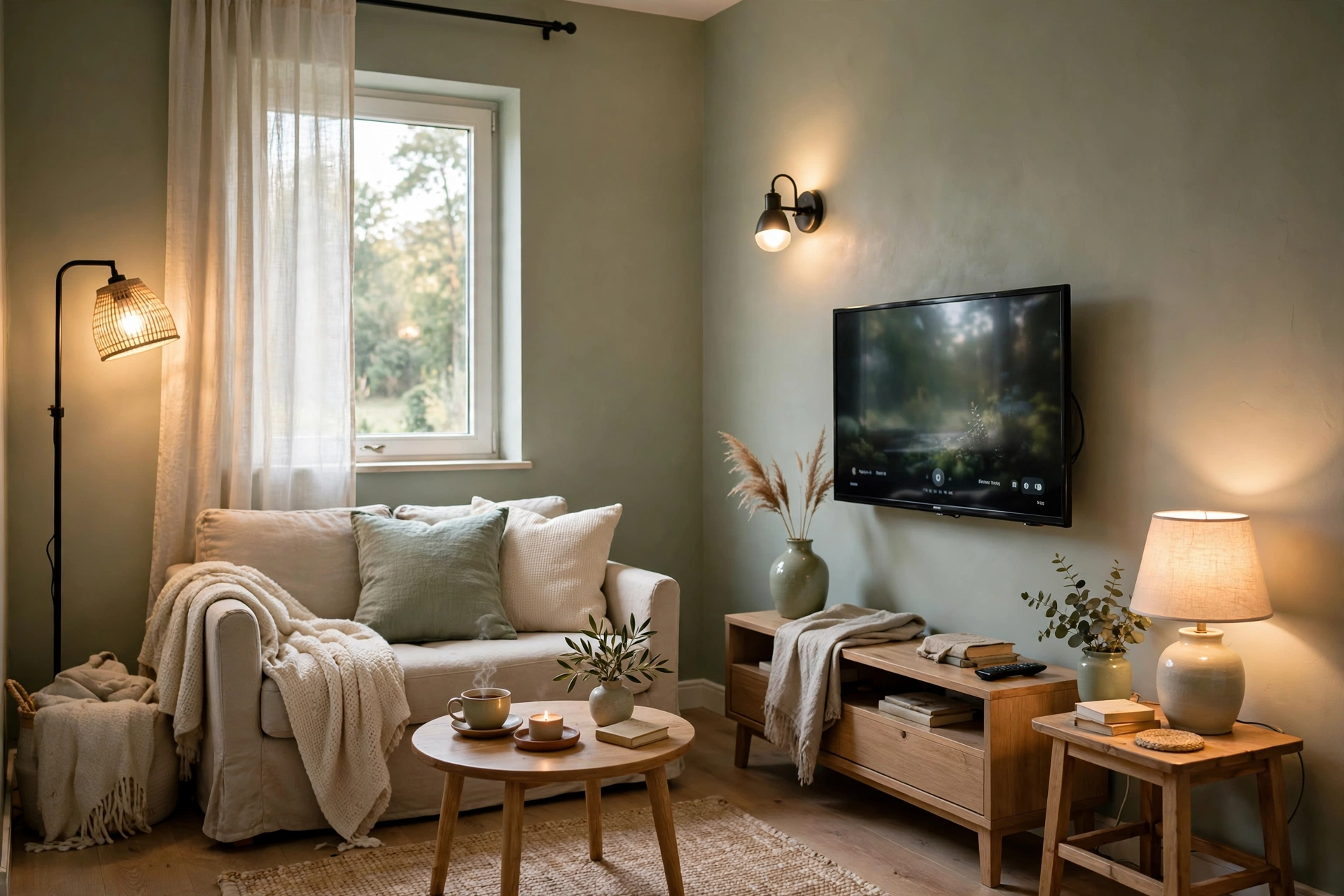 Small living room ideas with TV — layered lighting and calm colors
