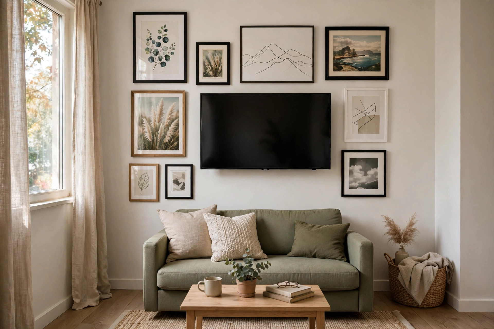 Small living room ideas with TV — gallery wall framing the TV