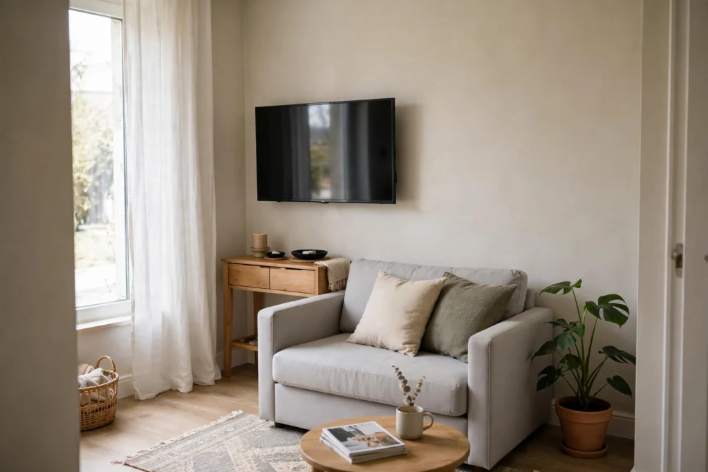 Small living room ideas with TV — chic compact living room with wall-mounted TV