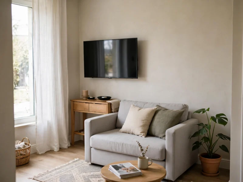 Small living room ideas with TV — chic compact living room with wall-mounted TV