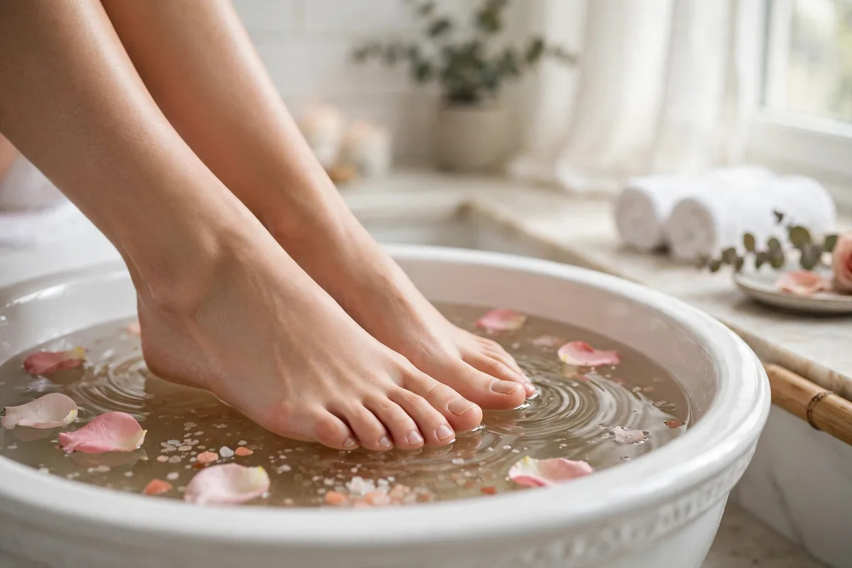 Feet soaking in a warm spa basin with Epsom salts — pedicure step 1